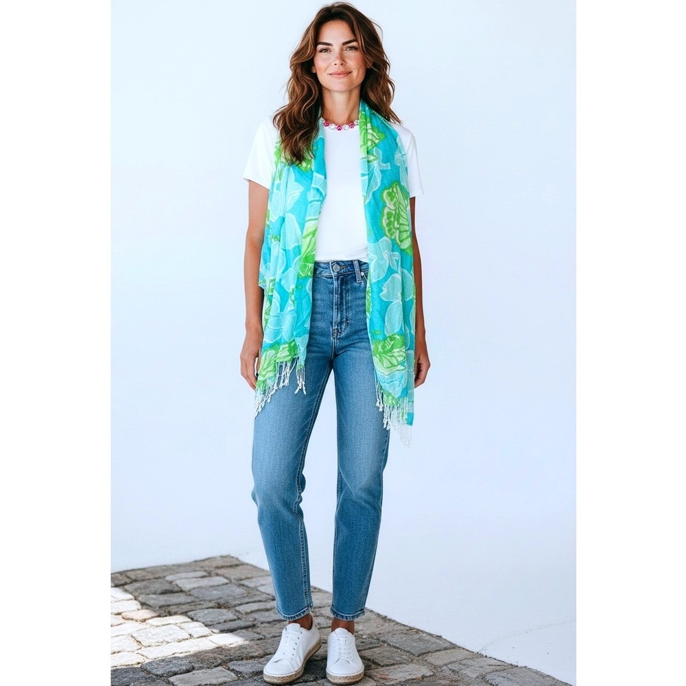 Lilly Pulitzer Murfee Scarf OS Turquoise Green Floral Silk Cashmere Excellent